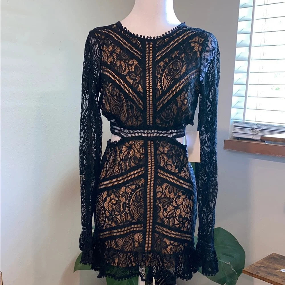 For Love And Lemons Black Lace Dress SizeSmall, Open Back, Long Sleeve Dress - Picture 4 of 16